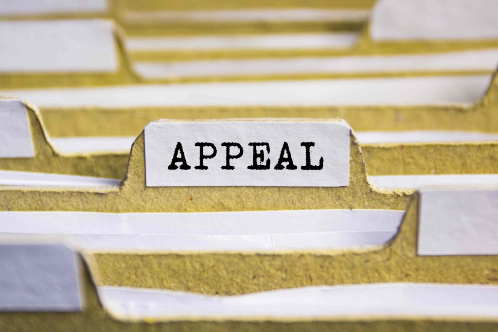 Legal appeal case file folder tab in a law office archive.