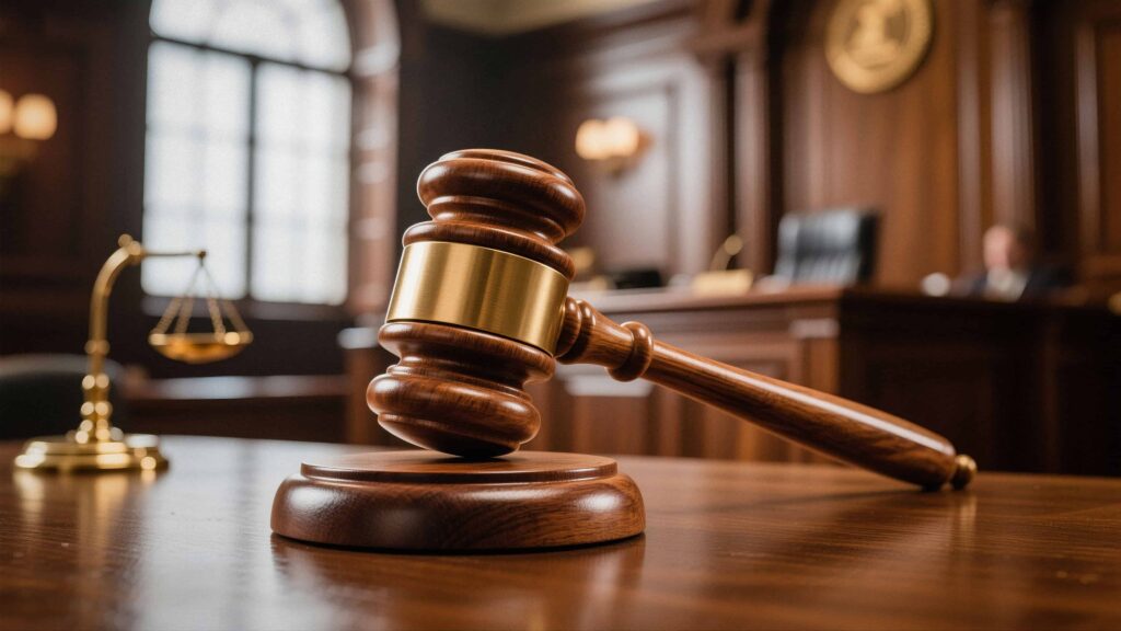 Judge’s gavel and scales of justice in courtroom representing legal proceedings and law and order.